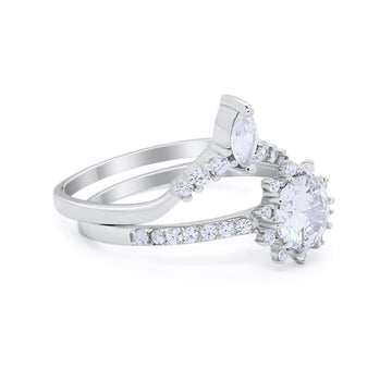Two Piece Art Deco Bridal Set Ring Band Round Simulated Cubic Zirconia 925 Sterling Silver